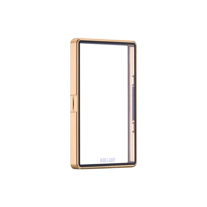 Kalijoy K1 slab case with a gold metal frame, empty, shown at an angle