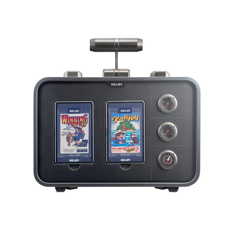 Kalijoy K-Case metal storage case, front view with two display windows and three gauges